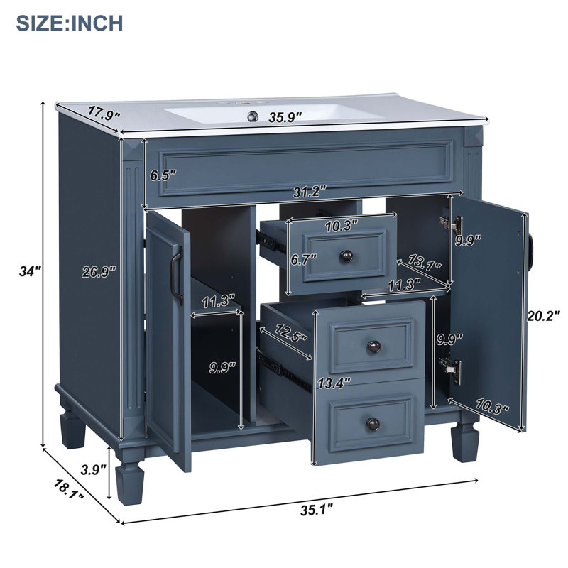 Meuble-lavabo 36 po avec lavabo en céramique, Bleu