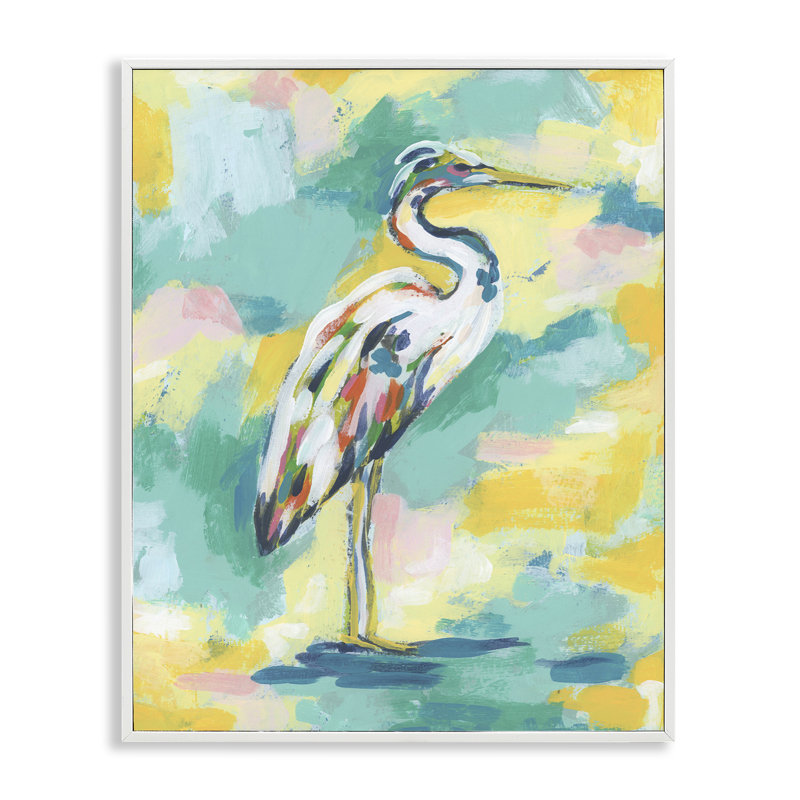 «Blue and Yellow Heron Bird», art numérique par Ethan Harper, Estampe numérique encadrée blanc bord de mer, H 20 po x l 16 po