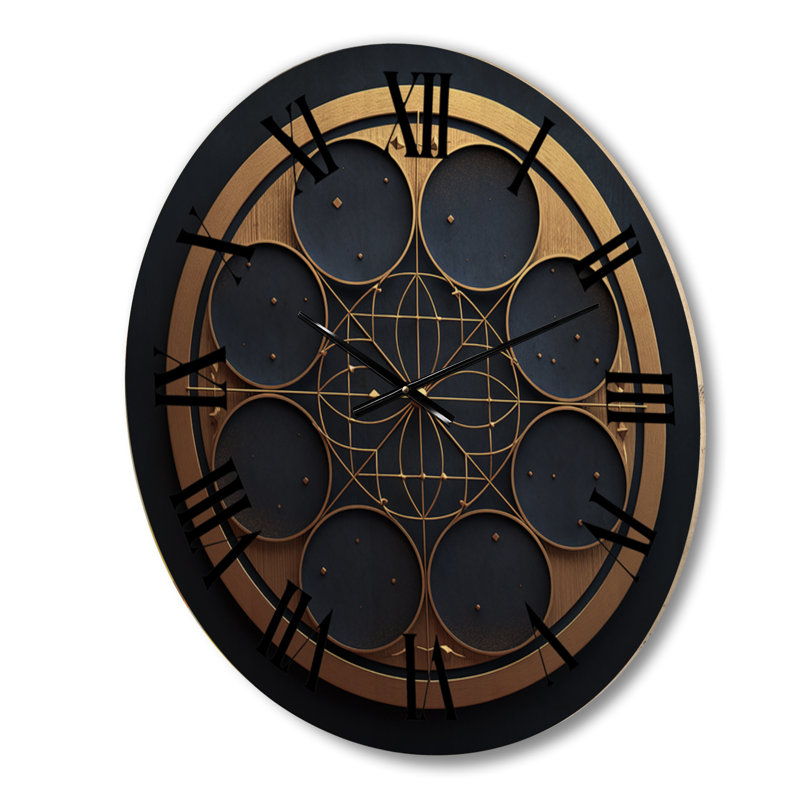 Très grande horloge murale moderne géométrique en bois - géométrie sacrée bleue et or I, Grand