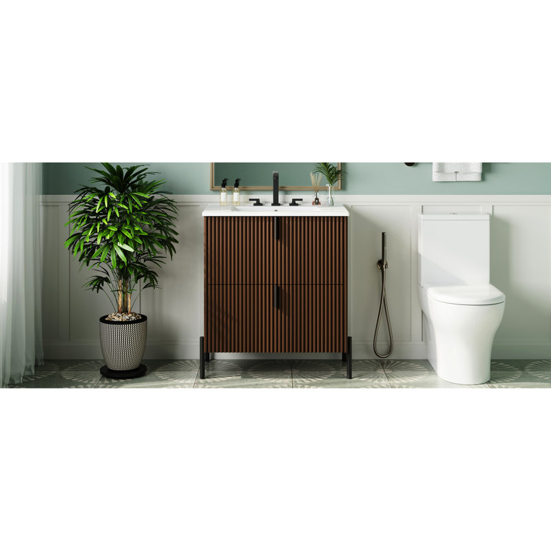 Meuble-lavabo en céramique brun foncé de 30 po, tiroirs à extension, fonction de fermeture en douceur, aspect cannelé fabriqué à la main pour les espaces de bain décontractés avec lavabo, glissières de tiroir, abat-jour brun, double organisation