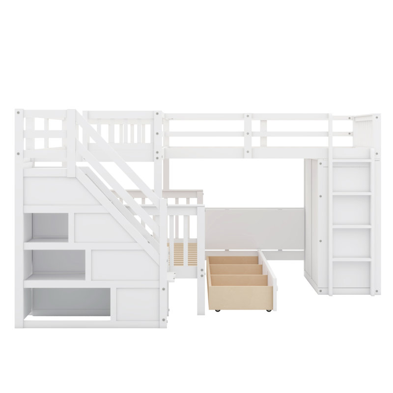Jamelah Twin-Twin over Full L-Shaped Bunk Bed With 3 Drawers, Portable Desk and Wardrobe, White