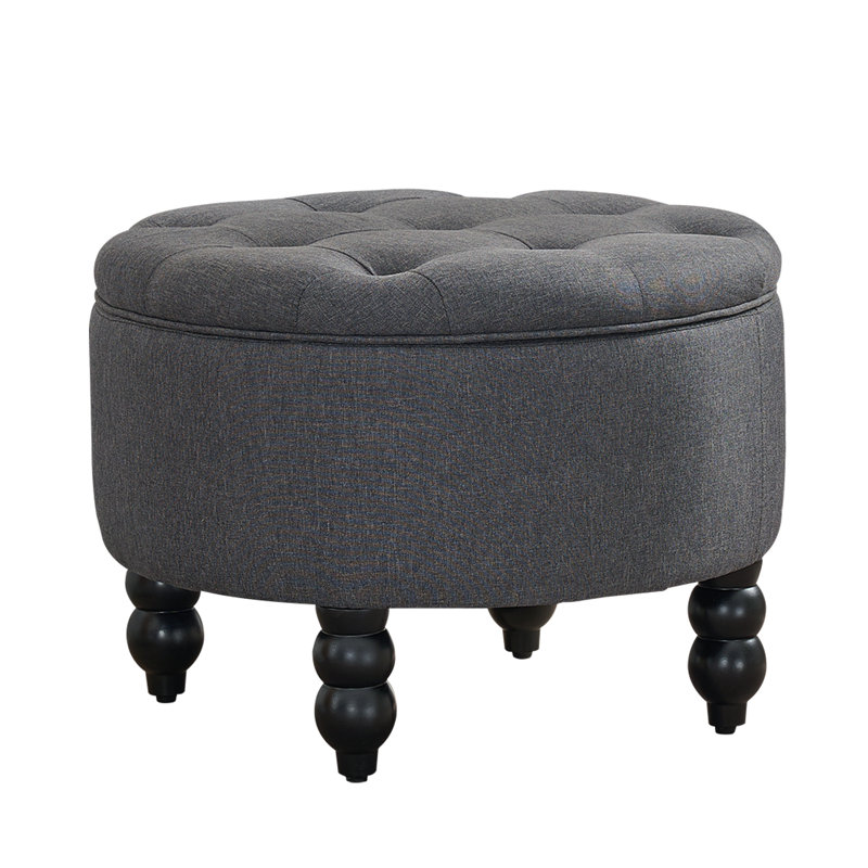 24'' Wide Upholstered Round Storage Ottoman, Dark Gary Linen
