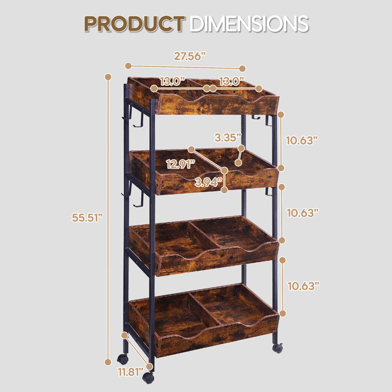 4-tier Rolling Cart With Tilted Shelves And 8 Hooks, Narrow Rolling Storage Organizer With Lockable Wheels For Kitchen Pantry Bathroom Laundry Supermarket Retail Display, Heavy Duty Metal Slim Utility Shelving Unit