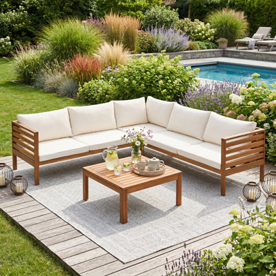 L-Shaped Solid Wood Patio Sectional Set with Coffee Table, Exotic Design Outdoor Conversation Furniture with Soft Cushions For 4-5 Person