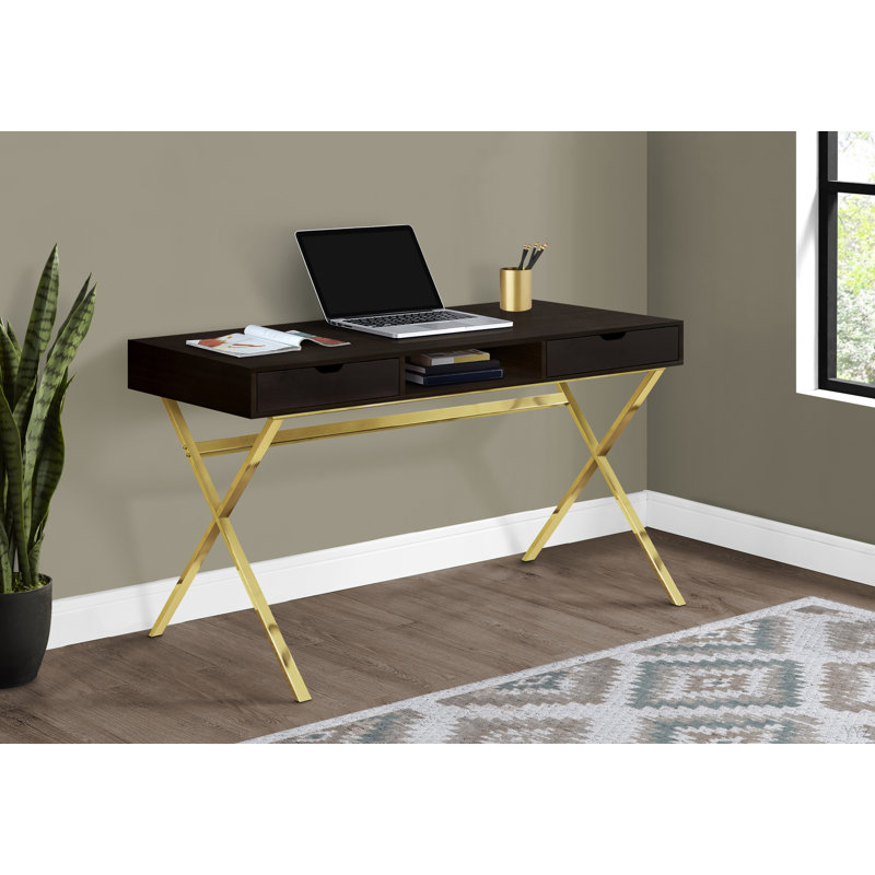 Bureau d'ordinateur, bureau personnel, ordinateur portable, tiroirs de rangement, L 48 po, travail, stratifié brun, métal doré, contemporain, moderne