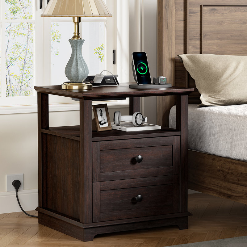 2 Drawer Danforth with Storage and Built-in Charging Station, Espresso