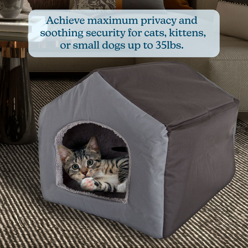 Indoor Cat House - Enclosed Cat Bed with Plush Sherpa Interior, Removable Cushioned Pad, and Canvas Fabric Exterior - Pet Bed for Small Kittens or Dogs up to 35lbs by PETMAKER (Gray)