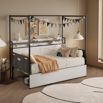 Modern Twin-size Bed with 3 Under-bed Storage Drawers, LED Lights and a Charging Station,White
