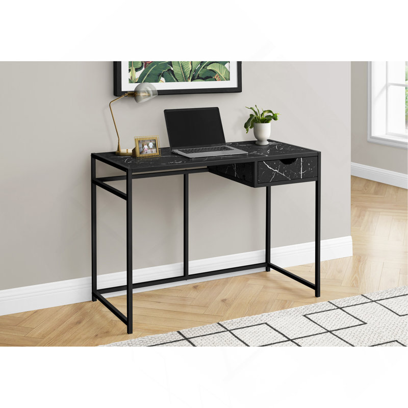 Computer Desk, Home Office, Laptop, Storage Drawer, 42"L, Work, Black Marble Look Laminate, Black Metal, Contemporary
