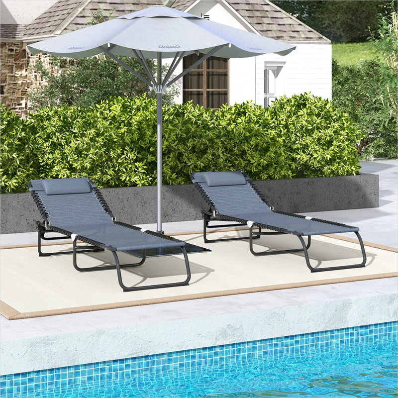Ensemble de chaises longues pliables avec structure en acier et tissu en maille respirante, fini gris pâle, capacité de charge de 120 kg