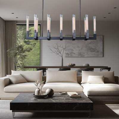 55-Inch Black Rectangular Chandelier, 12-Light Luxury Glass Tube Island Light,Adjustable 71-Inch Rod