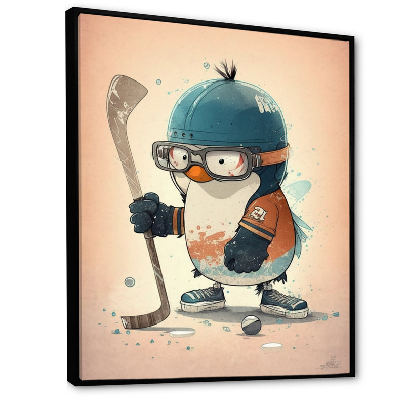 Dessin animé pingouin, impression sur toile, H 40 po x l 30 po x P 1,5 po, Toile avec cadre flottant noir
