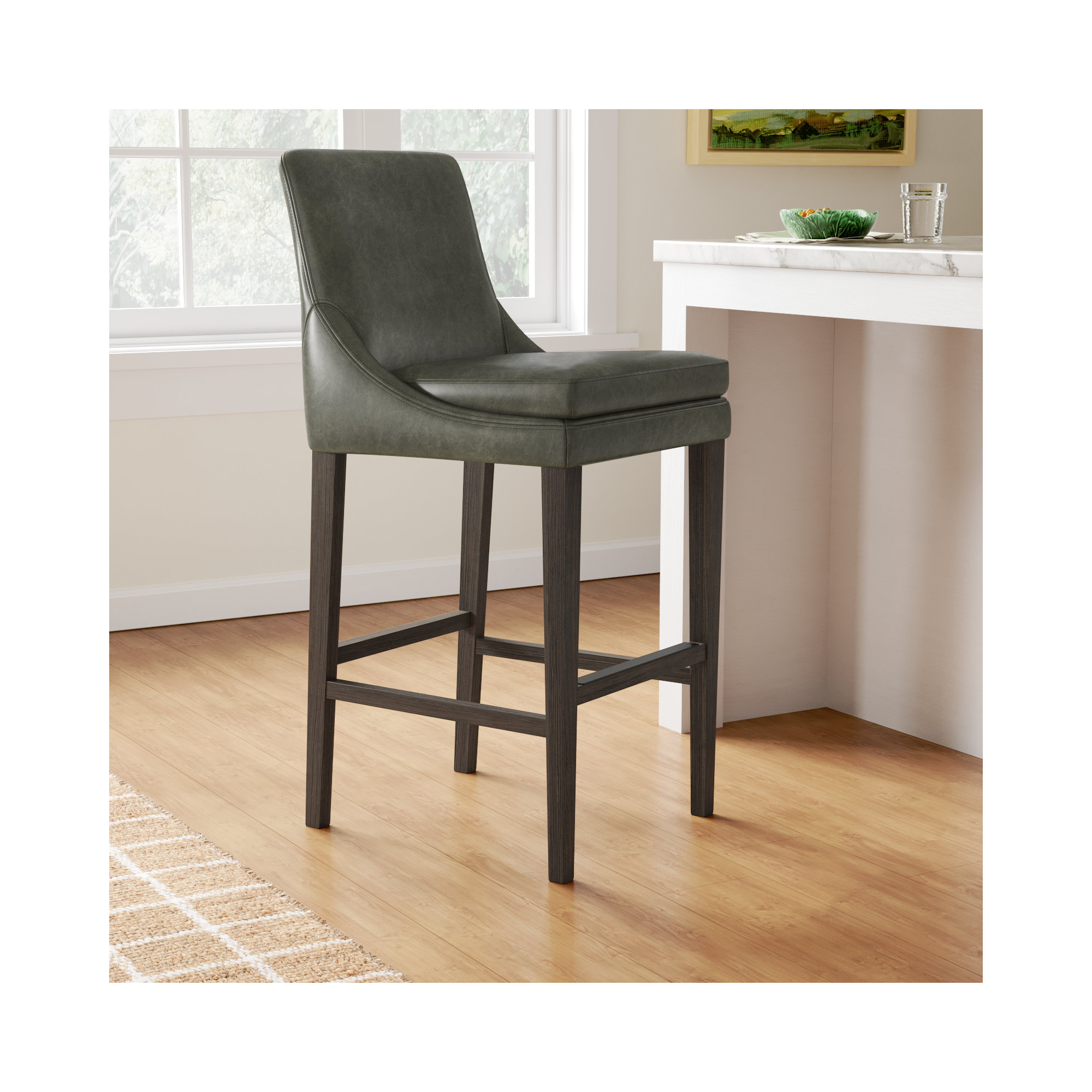 Niara Leather Stool, Bar Stool (30” Seat Height), Copley Slate Faux Leather/Brown