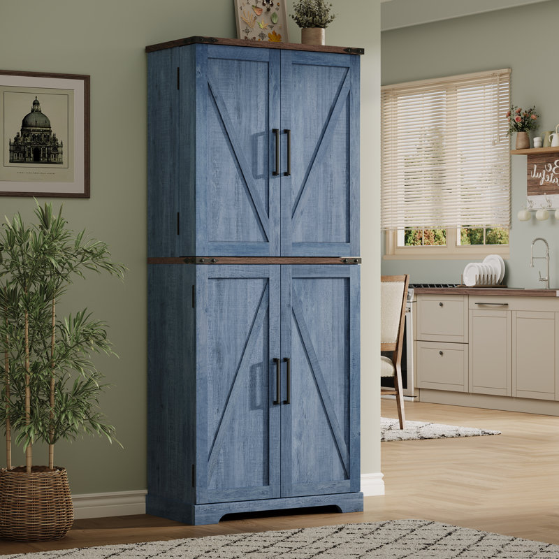 72" Farmhouse Kitchen Pantry Storage Cabinet With 12 Door Shelves, 6 Adjustable Shelves and 1 Hidden Drawer, Blue