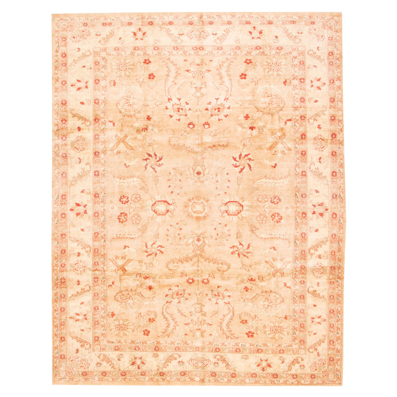 Tapis beige en laine noué à la main de conception unique 8 pi 8 po x 11 pi 2 po New Age