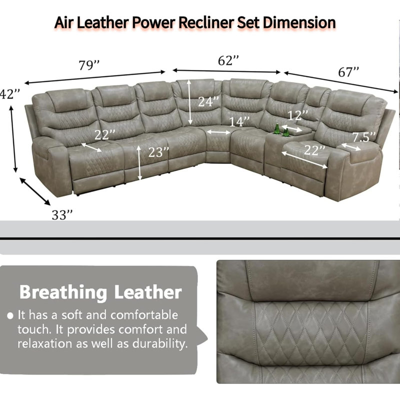 Grey Breathing Leather 3-piece Living Room Recliner Sofa Set, Gray