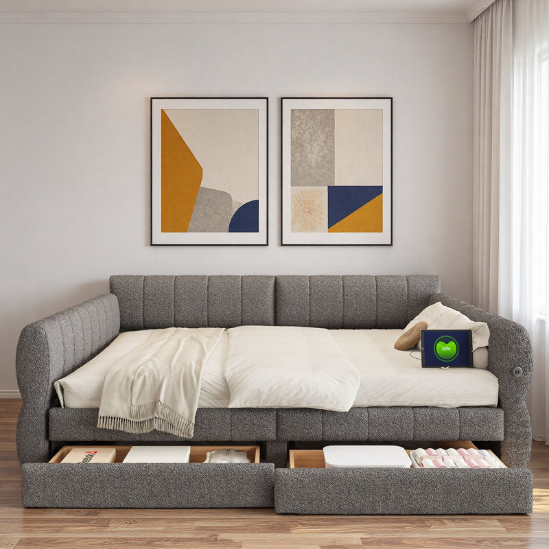 Upholstered Daybed With Usb And 2 Drawers, Gray