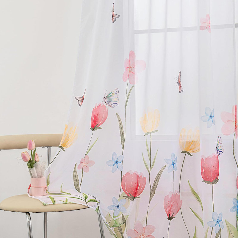 Rideaux pour salon 2 rideaux semi-transparents avec motif de papillons imprimés de printemps