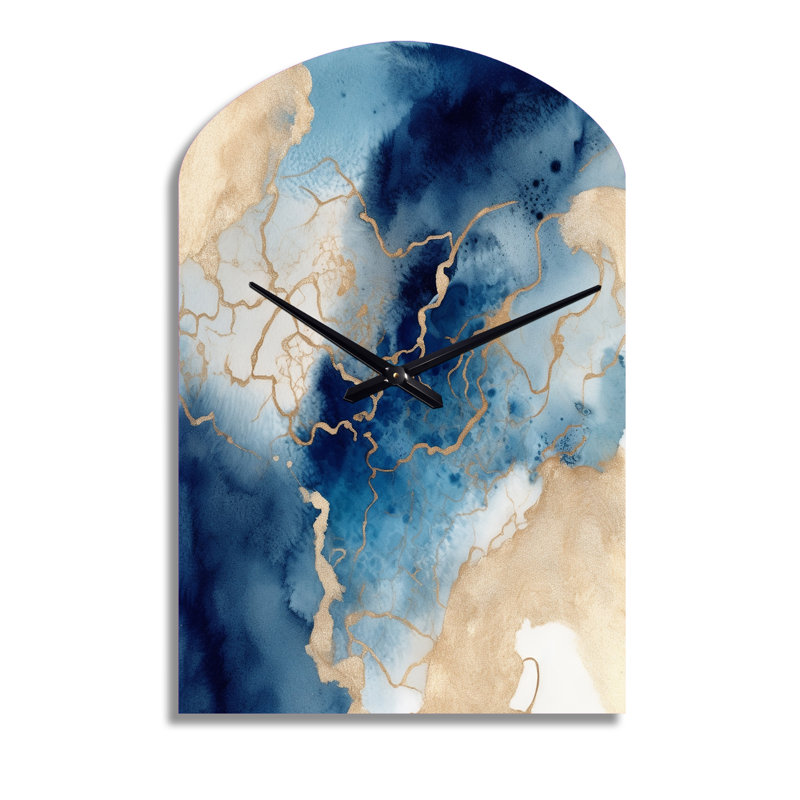 Horloge murale en métal bleu et or à motif de nuages en marbre - Fractals Arch, Moyenne
