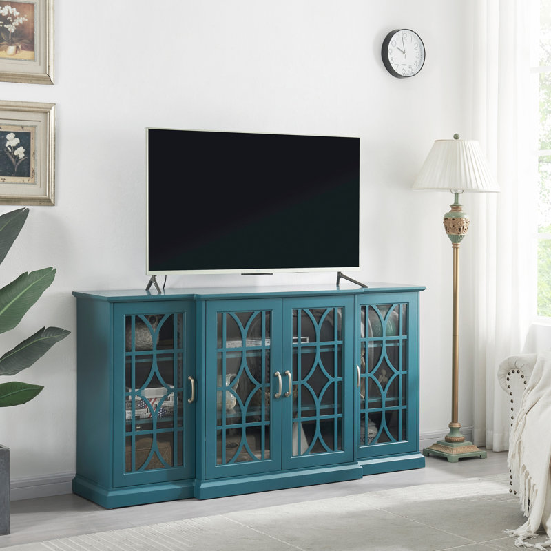 Meuble télé 63 po bleu turquoise - Grand espace de rangement, 4 portes avec 6 tablettes réglables, poignées rétro, style classique, finition lisse.