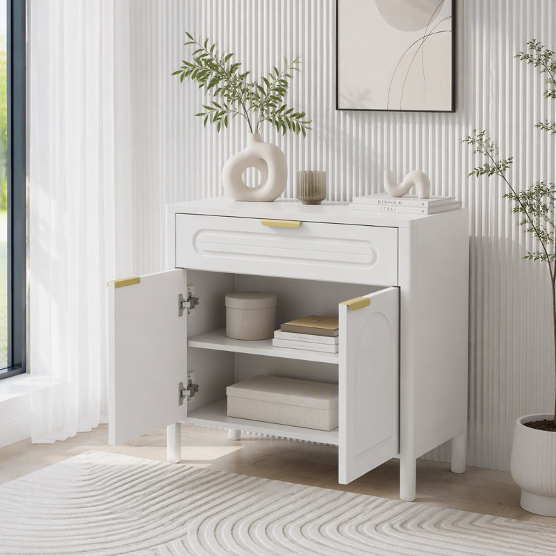 Armoire de rangement décorative avec design arqué, tiroir et bords arrondis lisses, Blanc