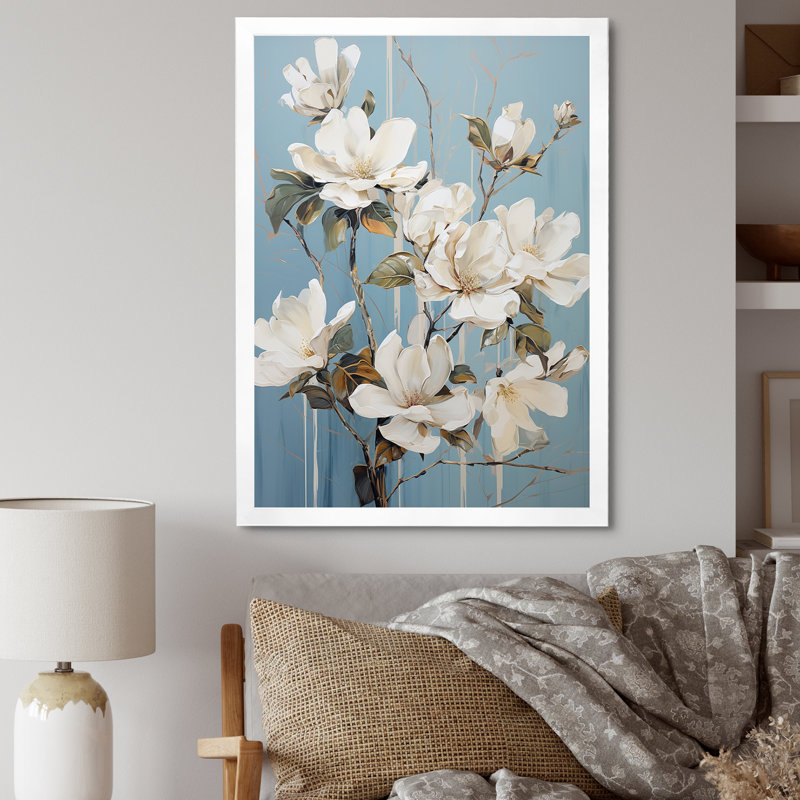 «Elegant White and Blue Magnolias Tranquility VII», reproduction sur toile, Cadre simple argenté, H 20 po x l 12 po x P 1 po