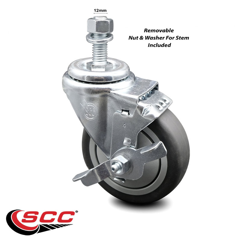 Rubber Swivel 10mm Threaded Stem Caster Set with Brake
