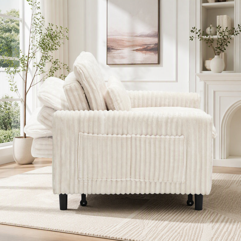 Fauteuil d'appoint confortable en velours côtelé avec coussin pour les petits espaces, Beige