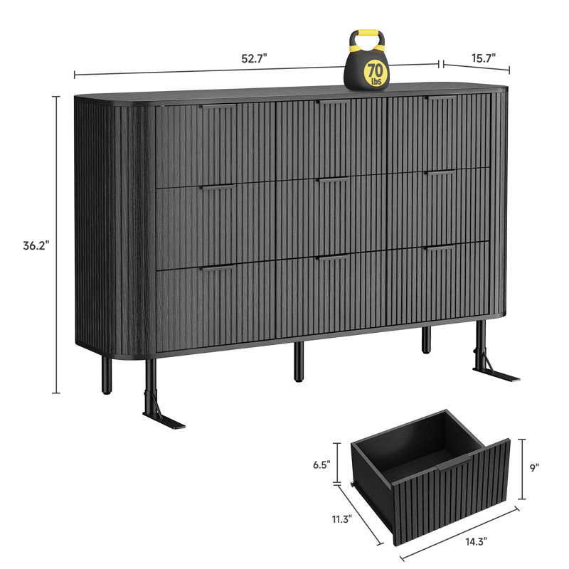 Foye 9 Drawer 52.7" W Double Dresser, Black