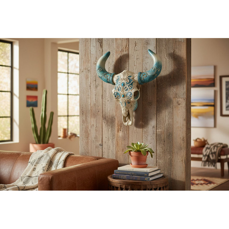 Southwestern Ornate Scroll Bone Longhorn Cow Bull Skull with Turquoise Horns Hanging Wall Décor