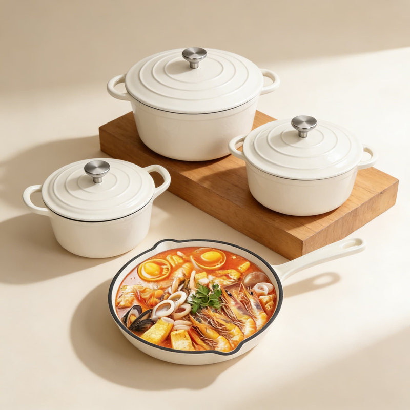 Batterie de cuisine en fonte émaillée, casseroles et poêles antiadhésives 7 pièces avec couvercles, comprenant une cocotte, une poêle et une casserole pour un chauffage uniforme sur toutes les cuisinières et la cuisson au four