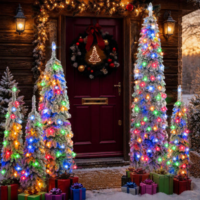 8FT, 6FT, 4FT x 3 Pre-Lit Pencil Christmas Trees, 5-set Slim Artificial Christmas Tree With Snow Flocking, Xmas Holiday Decoration Tree, 1820 Branch Tips, 350 LED Lights with 11 Lighting Modes