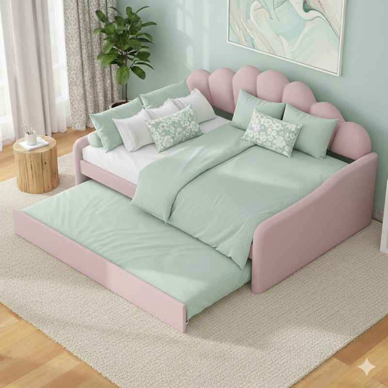 Full Size Upholstery Daybed Frame with Trundle, Pink