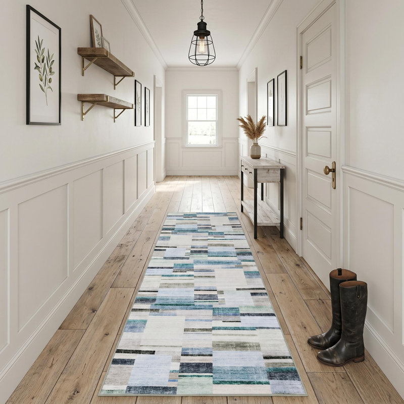 Tapis géométriques lavables pour la maison de bureau, Blue, Runner 2' x 6'