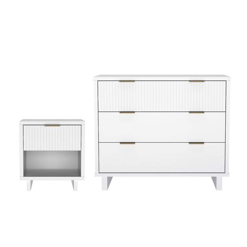 Ensemble de chambre à coucher avec commode et table de chevet 2 pièces Elara, Blanc