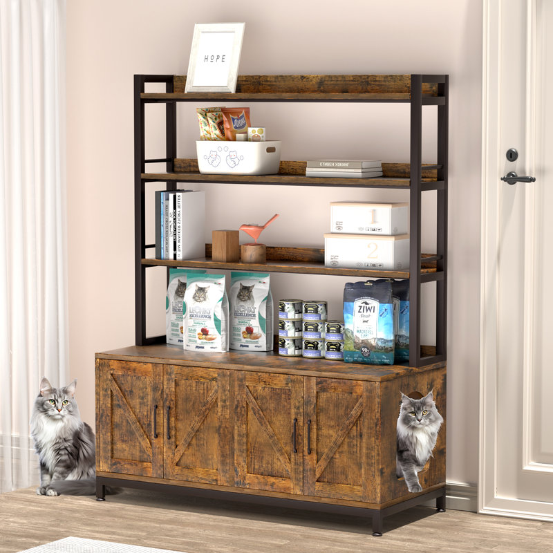 Rustic Brown Wooden Cat Litter Box Enclosure with Shelf