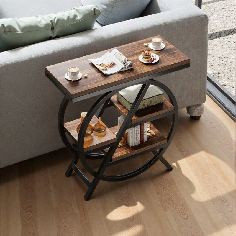 Table de bout étroite à 3 niveaux 25,59 pouces avec rangement, Brun rustique