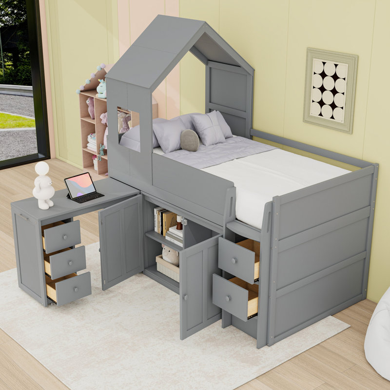 Lit mezzanine simple en bois avec bureau roulant, tablettes de rangement et tiroirs, Gris