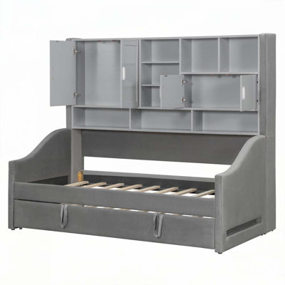 Upholstered Daybed with LED Armrest Lights, Storage Shelves & Cabinets, Pull-Out Lift-Up Twin Trundle by Everly Quinn