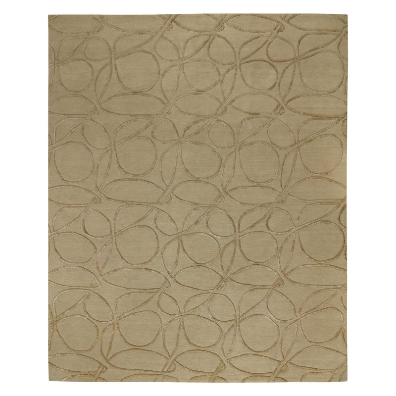 Clover Geometric Hand-Knotted Wool/Silk Beige/Neutral Area Rug, Rectangle 10' x 14', Beige
