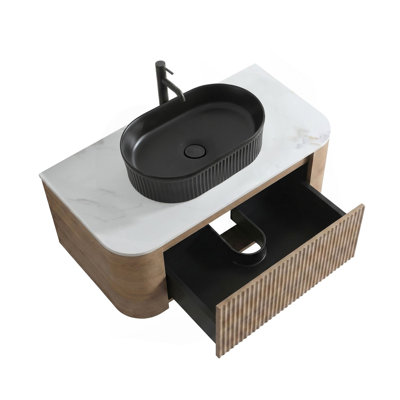 Meuble-lavabo Erba 36 pouces avec lavabo, armoire murale couleur miel avec porte-serviettes offert, lavabo ovale noir à rayures en céramique, sans bonde ni robinet, préassemblé