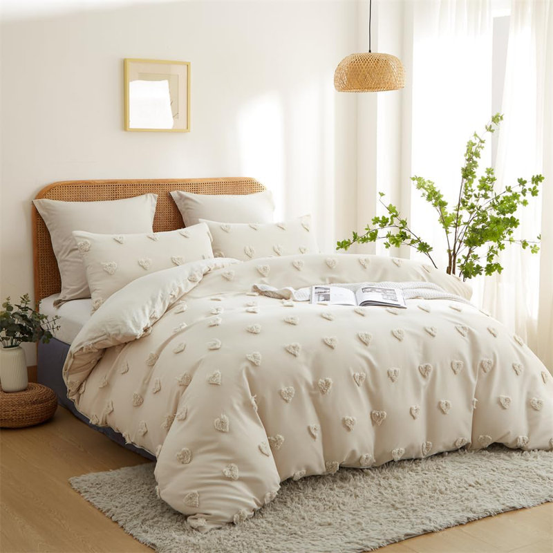  Nayoroom Tufted Heart Dot Duvet Cover Boho Ultra Soft Jacquard Embroidery Shabby Elegance Washed Microfiber Bedding Set