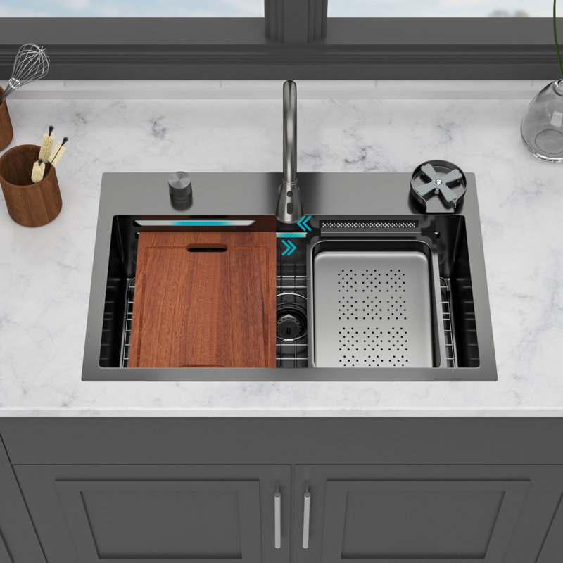 Évier de cuisine en acier inoxydable à simple cuve de calibre 16 de 31,5 po x 21 9,4 po de calibre 16 avec design en cascade, rince-gobelets et goutte à goutte N303