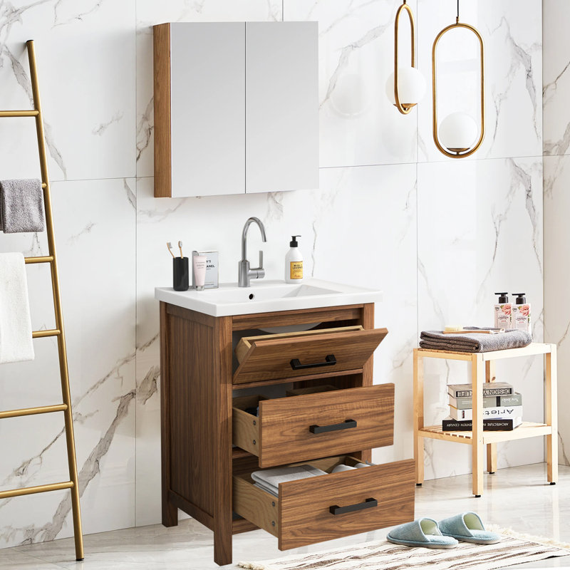 Meuble-lavabo de 24 po avec lavabo en céramique, meuble de rangement moderne en bois naturel