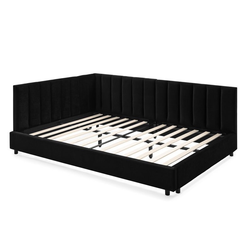 Lit double tapissier pleine grandeur avec structure et tissu en velours, noir pour le revêtement de chambre