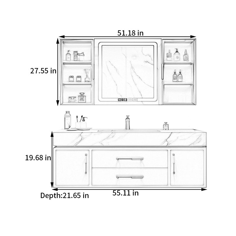 Modern rock slab integrated basin bathroom cabinet, 19.68" H x 55.11" W x 21.65" D