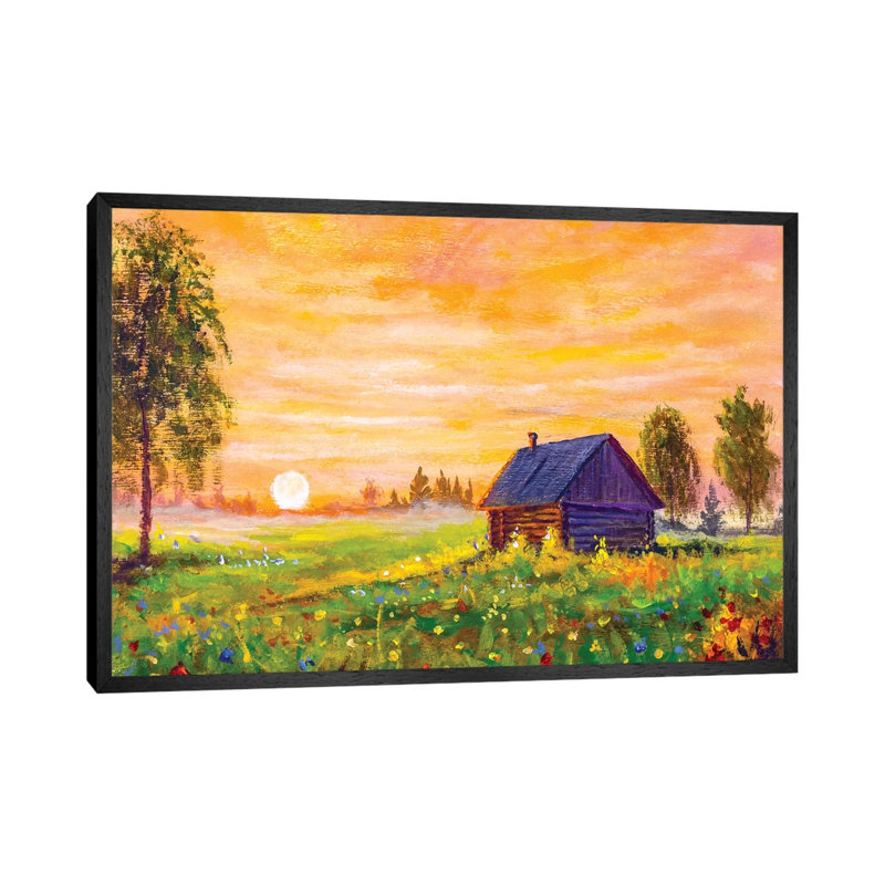 Old Rural Farmhouse In The Field by Valery Rybakow - Painting on Canvas, 66.04cm H x 101.6cm W x 3.81cm D, Black Framed