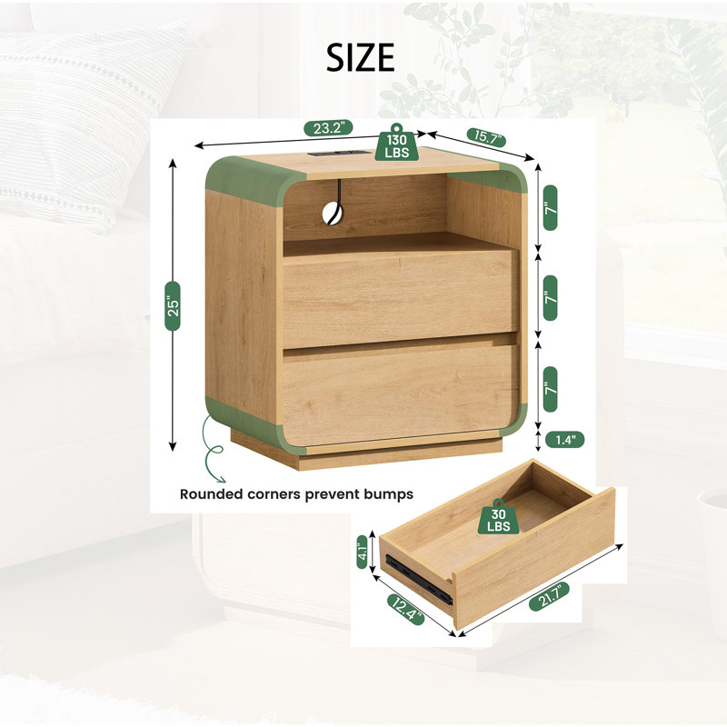 25" H Modern Nightstand with Charging Station, 2-Drawer Wood End Table with Curved Design, Natural