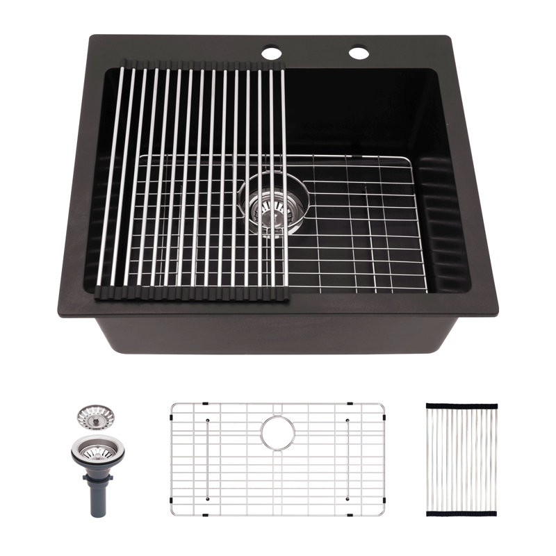 Évier de cuisine en quartz - Évier de cuisine encastré en granite 25 x 22 po, Acier Inoxydable
