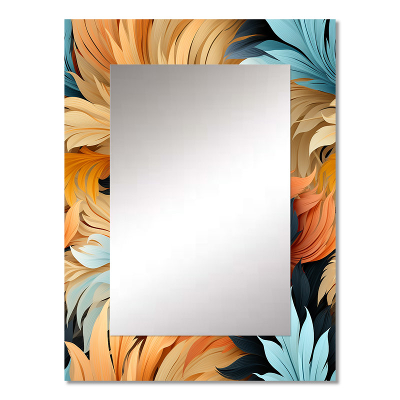 «Earthy Tones Boho Inspire Feather», miroir mural floral unique, miroir de chalet, impression sur métal, 32 po x 24 po